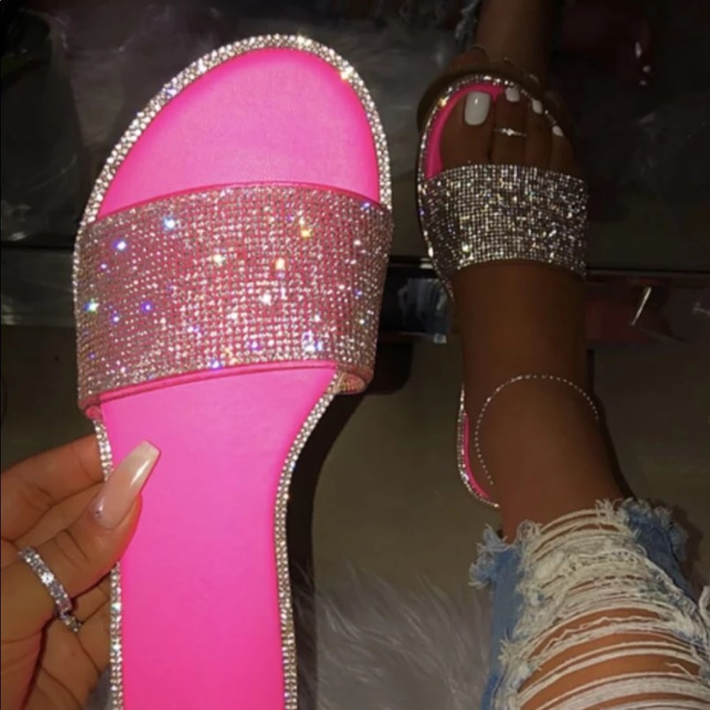 Neon pink rhinestone slides